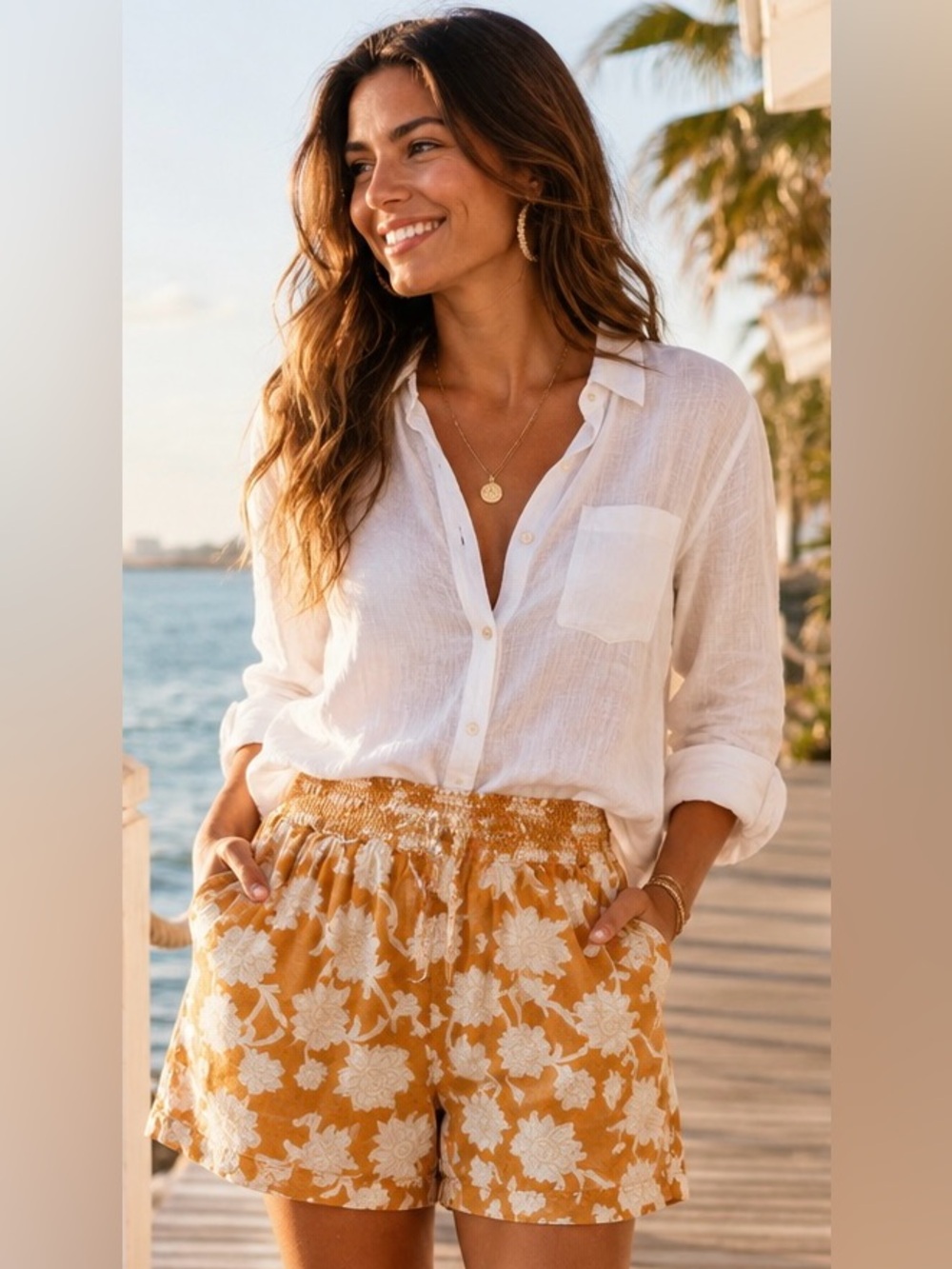 Coastal Resort Floral Linen Lightweight Shorts Stretch Waist Pull On Boho, L